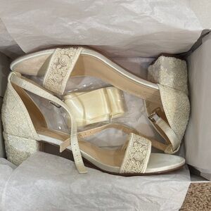 Crochet Lace Block Heel Wedding Sandals with Wrapped Ankle Satin Tie